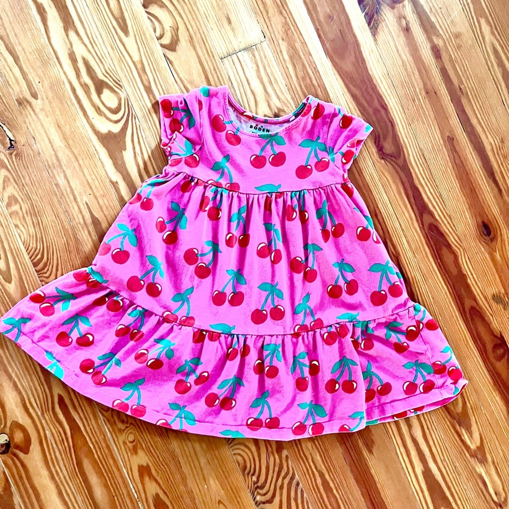 Mini Boden Pink and Green Cherry Print Twirl Dress, size 5-6yo